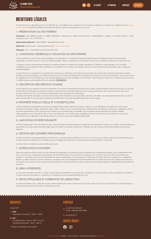 aperçu du site internet de la pizzeria la Roma