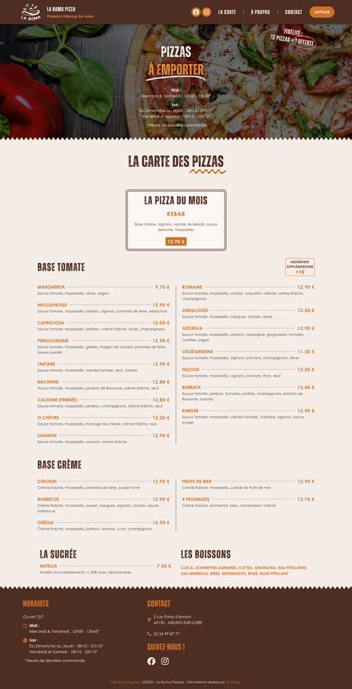 aperçu du site internet de la pizzeria la Roma